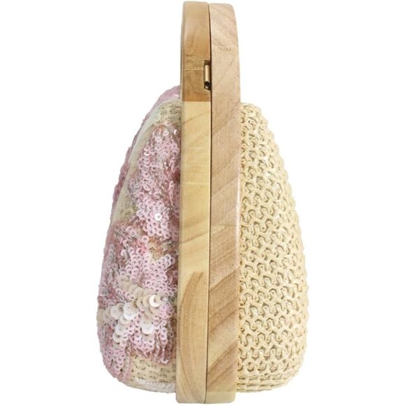 Pink Straw Clutch Handbag for Women Summer Evening Party Wedding with Removable - Picture 3 of 6